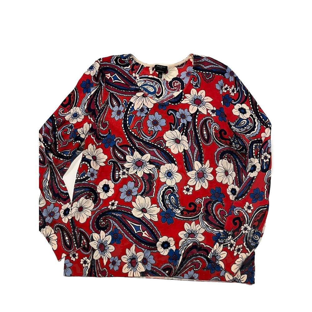 Talbots Petite XL Pure Merino Wool Floral Red Blue Cream Sweater